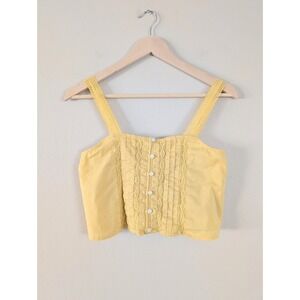 American Eagle Womens XS Yellow Lace Pintuck Button Front Crop‎ Top Y2k Cottage